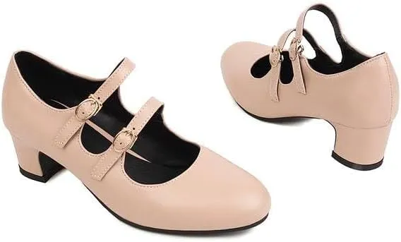 Women Mary Jane Pumps Oxford Shoes Round Toe Low Block Heels with Belt Buckles