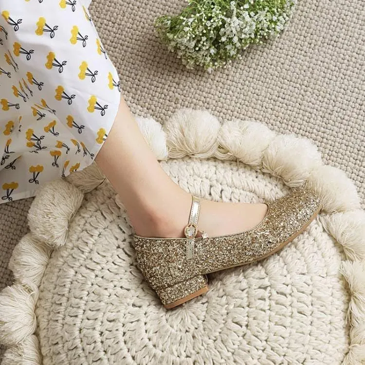 Women Mary Jane Pumps Round Toe Low Block Heels with Bling Sequins