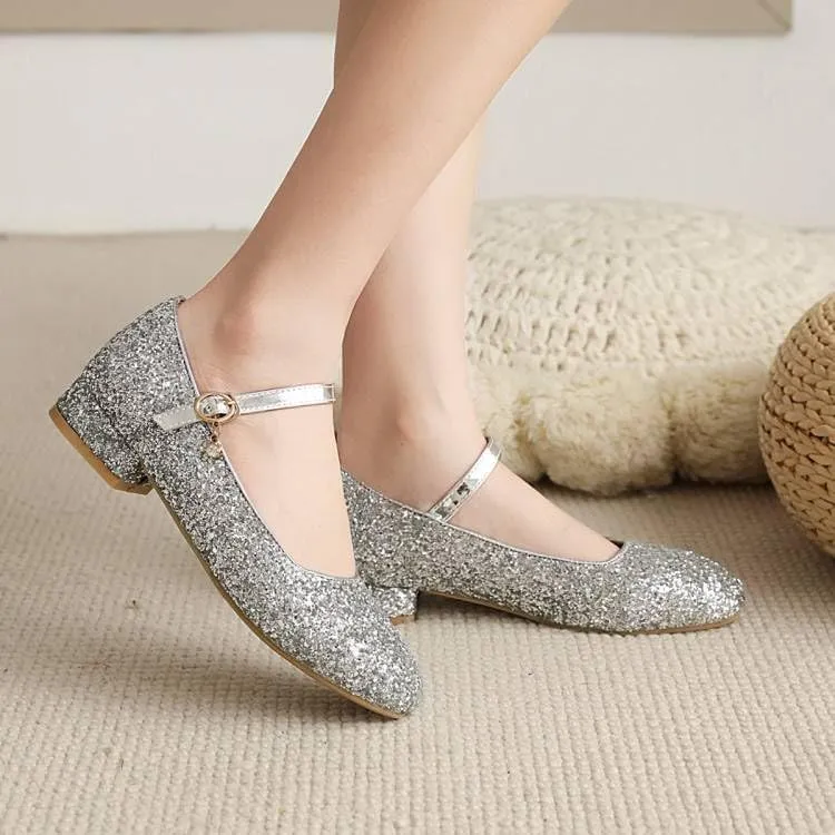 Women Mary Jane Pumps Round Toe Low Block Heels with Bling Sequins