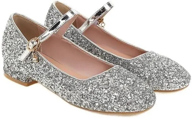 Women Mary Jane Pumps Round Toe Low Block Heels with Bling Sequins