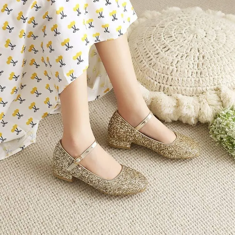 Women Mary Jane Pumps Round Toe Low Block Heels with Bling Sequins