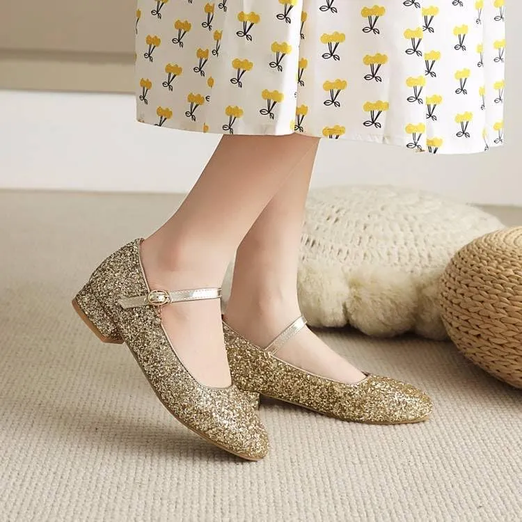 Women Mary Jane Pumps Round Toe Low Block Heels with Bling Sequins