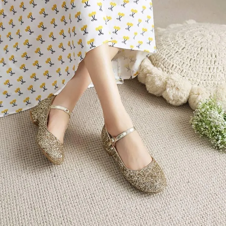 Women Mary Jane Pumps Round Toe Low Block Heels with Bling Sequins