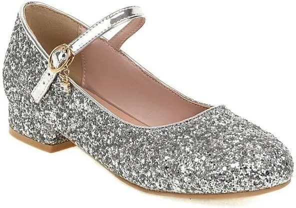 Women Mary Jane Pumps Round Toe Low Block Heels with Bling Sequins