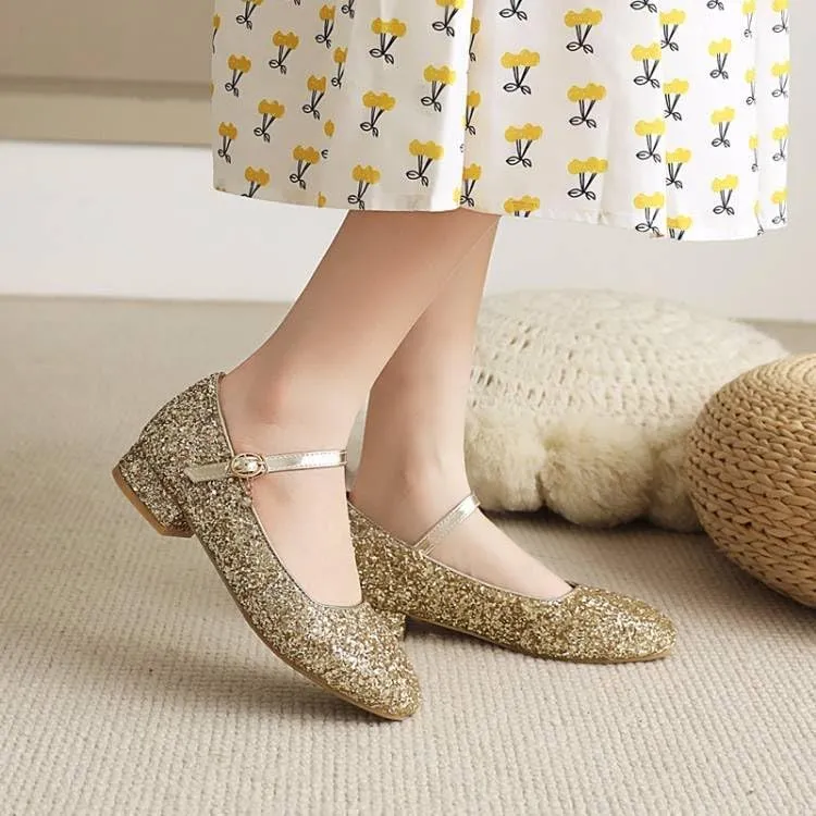Women Mary Jane Pumps Round Toe Low Block Heels with Bling Sequins