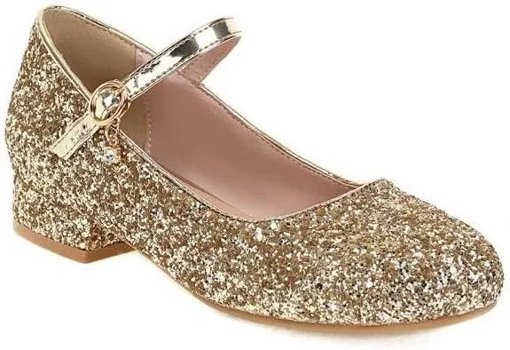 Women Mary Jane Pumps Round Toe Low Block Heels with Bling Sequins