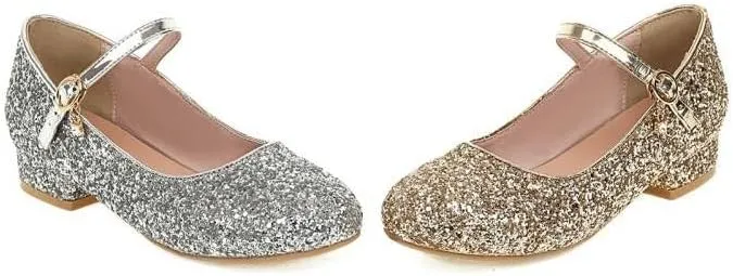 Women Mary Jane Pumps Round Toe Low Block Heels with Bling Sequins