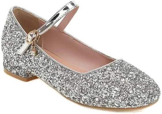 Women Mary Jane Pumps Round Toe Low Block Heels with Bling Sequins