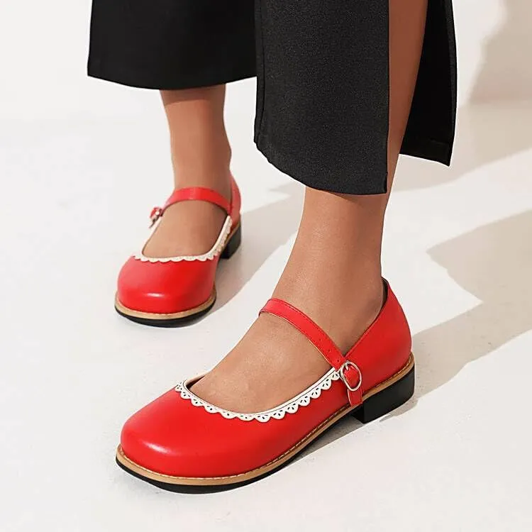 Women Mary Jane Pumps Square Toe Low Block Heels with Belt Buckles