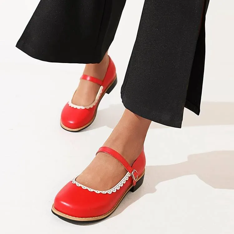 Women Mary Jane Pumps Square Toe Low Block Heels with Belt Buckles