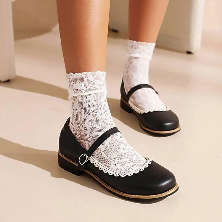 Women Mary Jane Pumps Square Toe Low Block Heels with Belt Buckles