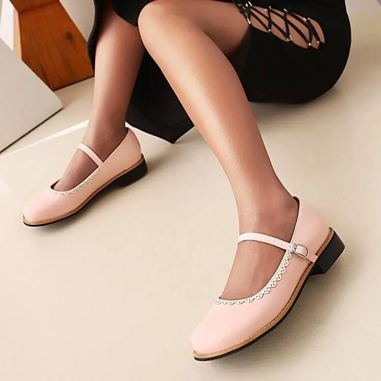 Women Mary Jane Pumps Square Toe Low Block Heels with Belt Buckles