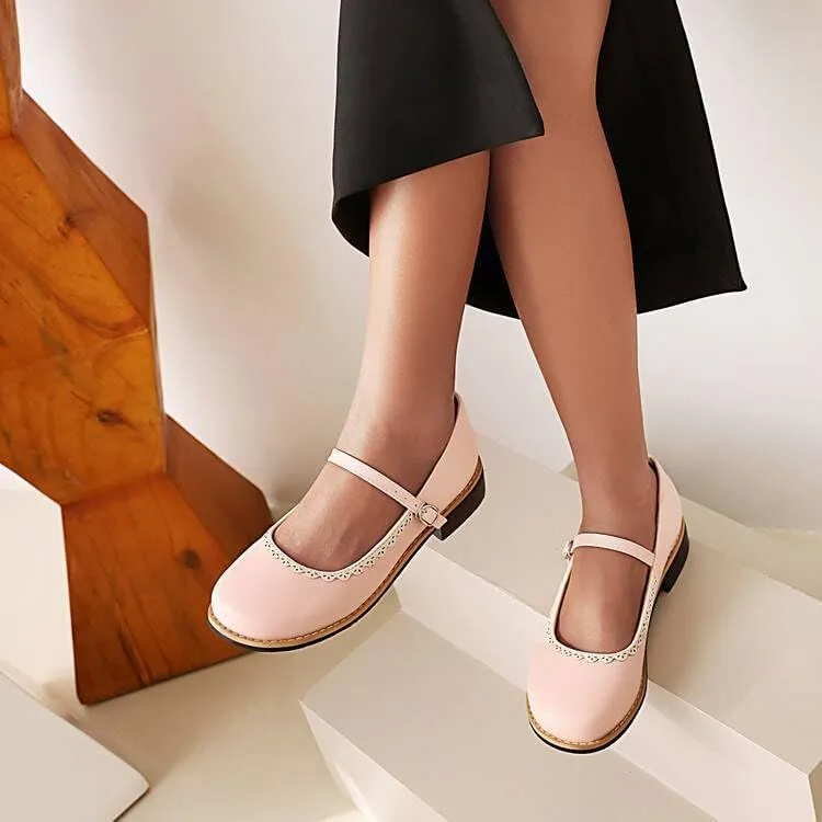 Women Mary Jane Pumps Square Toe Low Block Heels with Belt Buckles