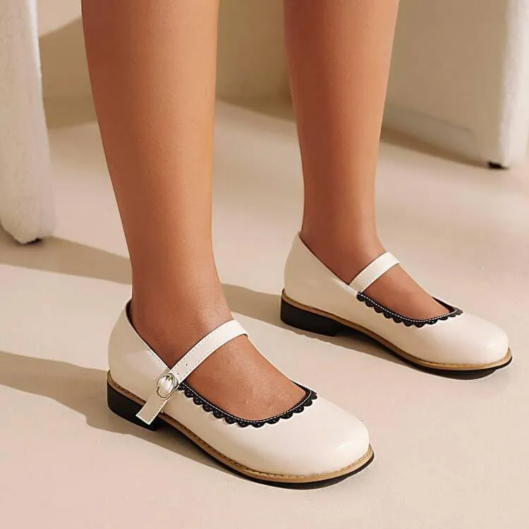 Women Mary Jane Pumps Square Toe Low Block Heels with Belt Buckles