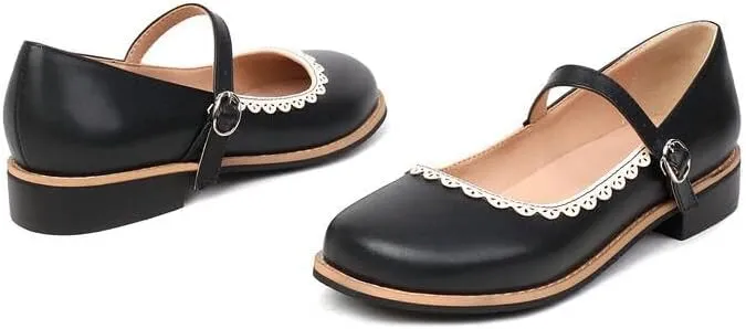 Women Mary Jane Pumps Square Toe Low Block Heels with Belt Buckles