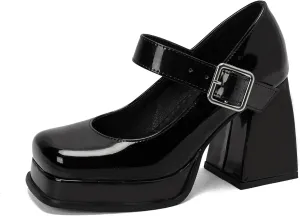 Women Office Lady Platform Mary Jane Pumps Square Toe Flare Heels with Belt Buckles