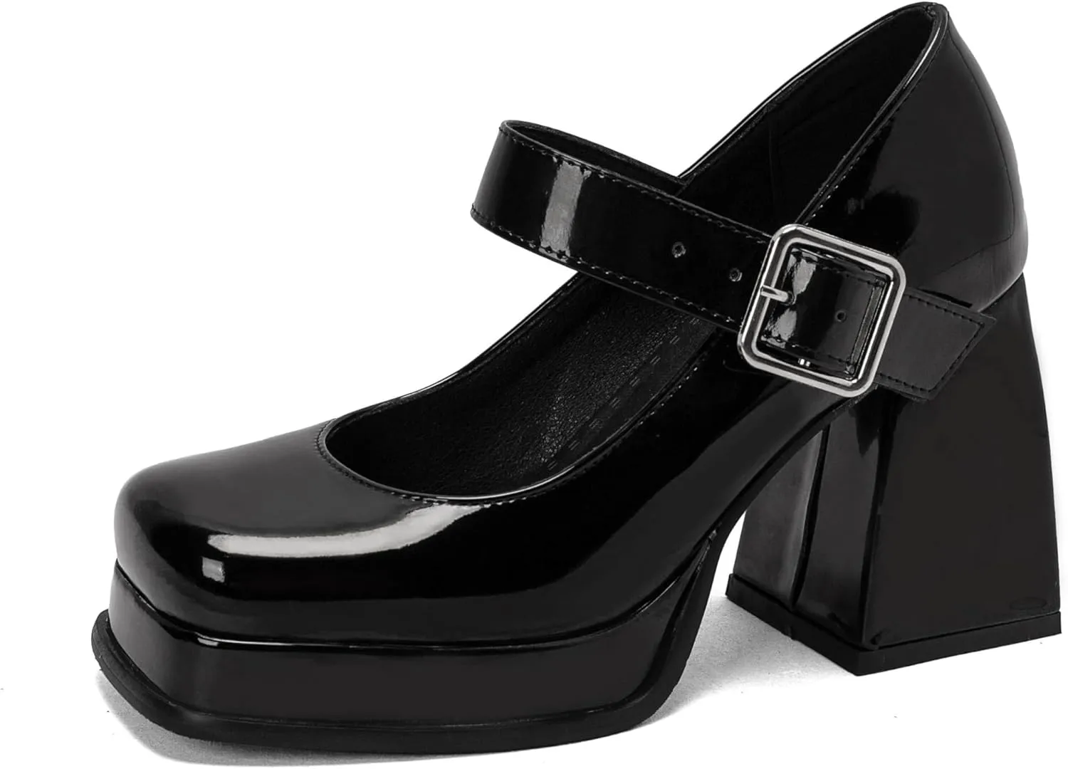Women Office Lady Platform Mary Jane Pumps Square Toe Flare Heels with Belt Buckles