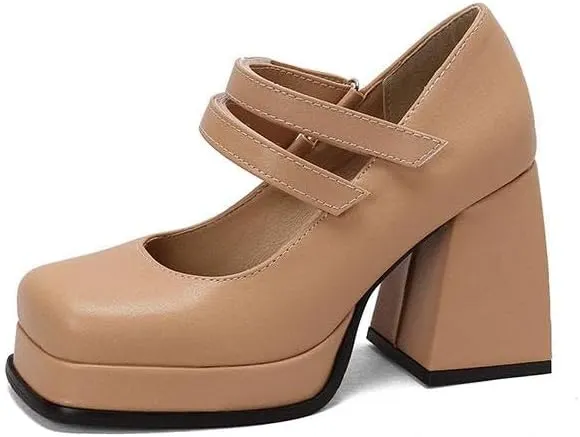 Women Office Lady Platform Mary Jane Pumps Square Toe Flare Heels