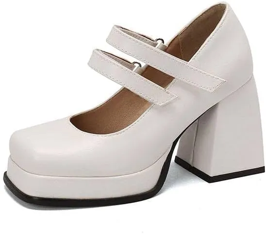Women Office Lady Platform Mary Jane Pumps Square Toe Flare Heels