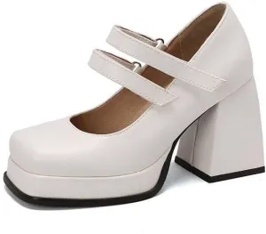 Women Office Lady Platform Mary Jane Pumps Square Toe Flare Heels