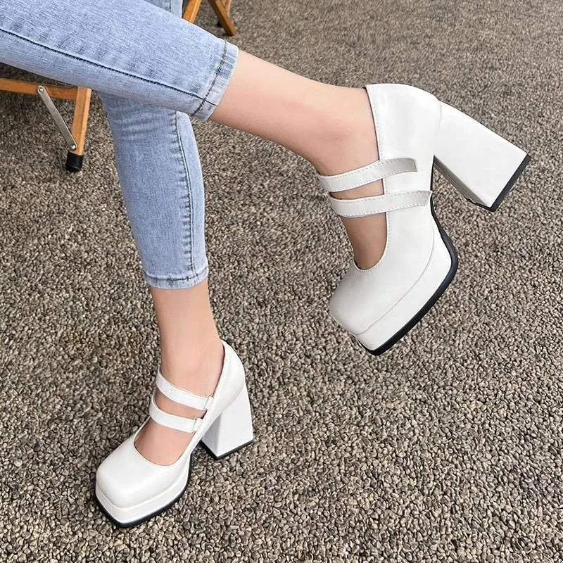 Women Office Lady Platform Mary Jane Pumps Square Toe Flare Heels