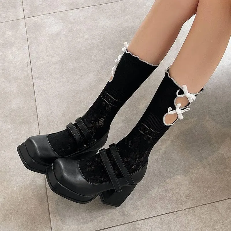 Women Office Lady Platform Mary Jane Pumps Square Toe Flare Heels