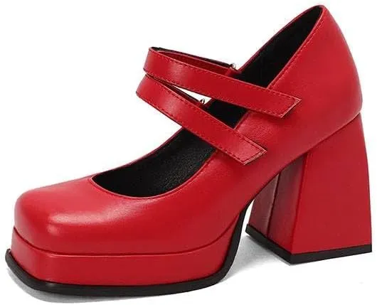Women Office Lady Platform Mary Jane Pumps Square Toe Flare Heels