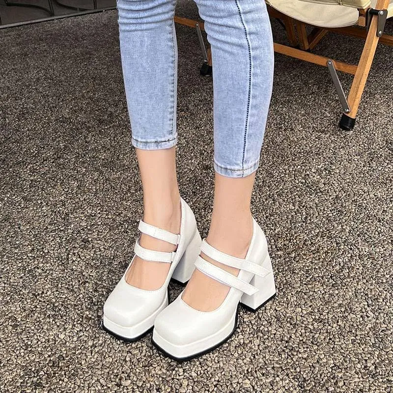 Women Office Lady Platform Mary Jane Pumps Square Toe Flare Heels