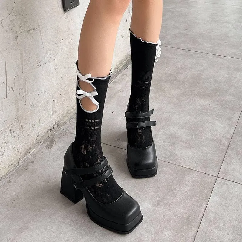 Women Office Lady Platform Mary Jane Pumps Square Toe Flare Heels