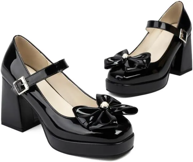 Women Platform Bow Mary Jane Pumps Shoes Glossy Patent Chunky High Heels