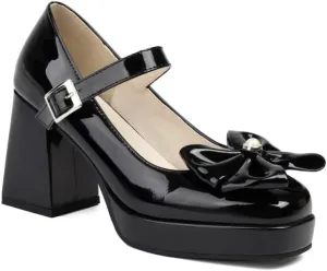 Women Platform Bow Mary Jane Pumps Shoes Glossy Patent Chunky High Heels
