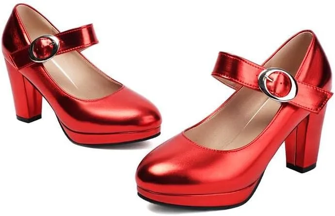 Women Platform Mary Jane Pumps Glossy Patent Round Toe Chunky High Heels