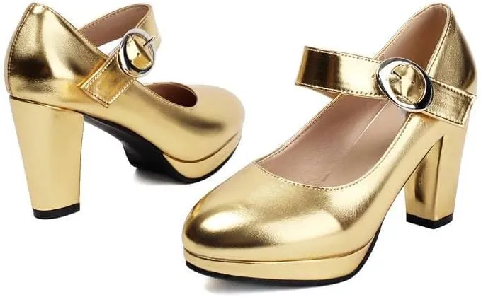 Women Platform Mary Jane Pumps Glossy Patent Round Toe Chunky High Heels