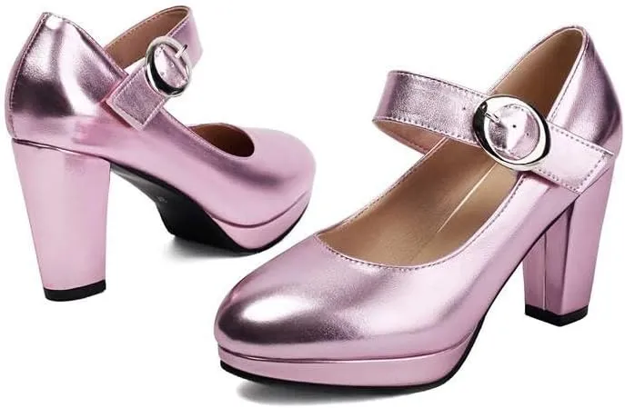 Women Platform Mary Jane Pumps Glossy Patent Round Toe Chunky High Heels