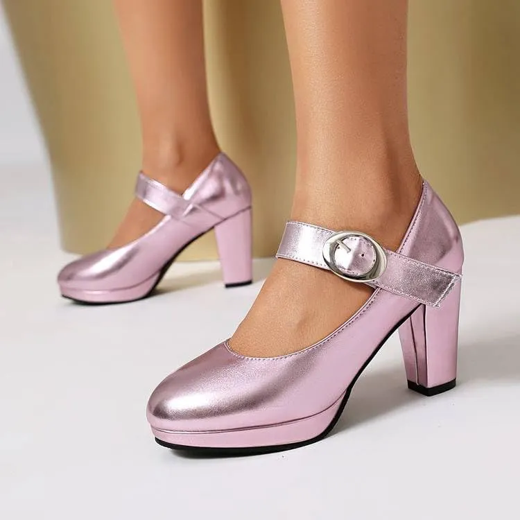Women Platform Mary Jane Pumps Glossy Patent Round Toe Chunky High Heels