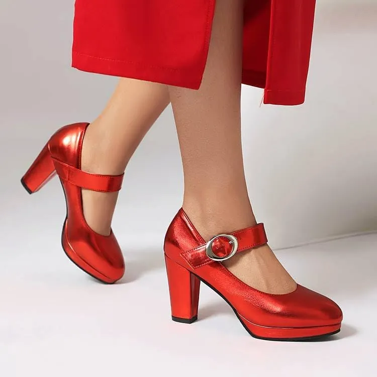 Women Platform Mary Jane Pumps Glossy Patent Round Toe Chunky High Heels