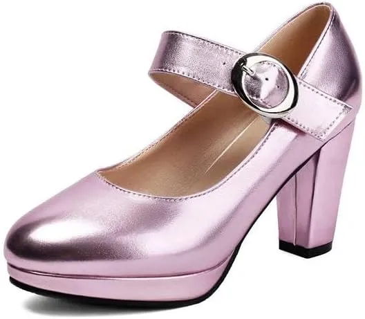 Women Platform Mary Jane Pumps Glossy Patent Round Toe Chunky High Heels