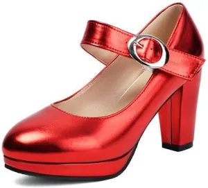 Women Platform Mary Jane Pumps Glossy Patent Round Toe Chunky High Heels