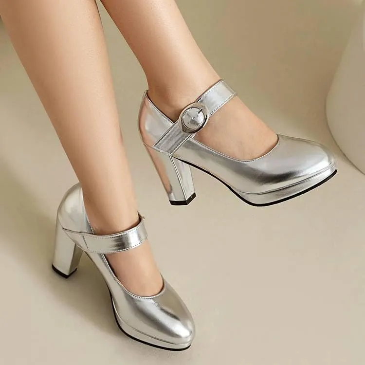 Women Platform Mary Jane Pumps Glossy Patent Round Toe Chunky High Heels