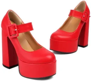 Women Platform Mary Jane Pumps Round Toe Chunky High Heels with Belt Buckles