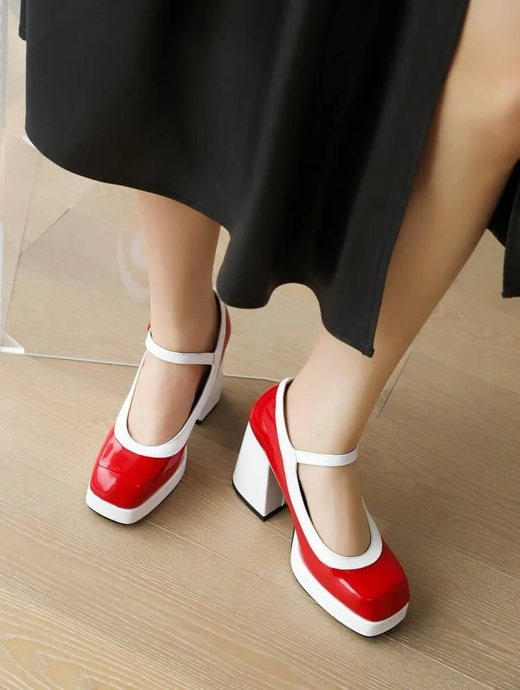 Women Platform Mary Jane Pumps Shoes Square Toe Chunky High Heels Mixed Colors