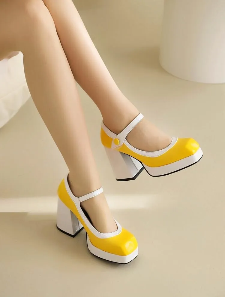 Women Platform Mary Jane Pumps Shoes Square Toe Chunky High Heels Mixed Colors