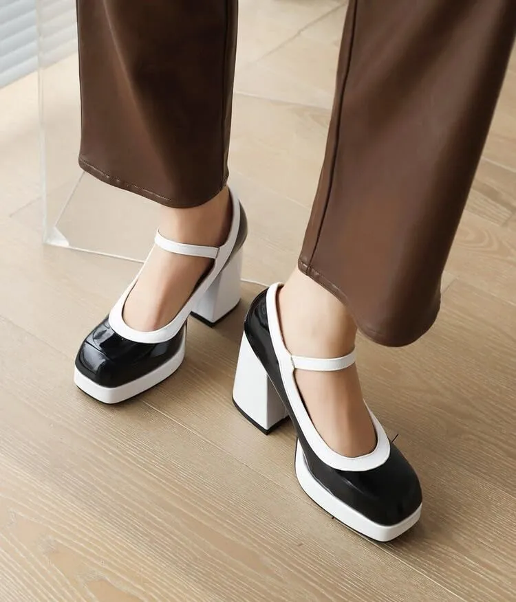Women Platform Mary Jane Pumps Shoes Square Toe Chunky High Heels Mixed Colors