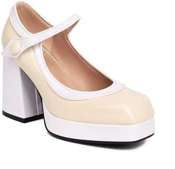 Women Platform Mary Jane Pumps Shoes Square Toe Chunky High Heels Mixed Colors
