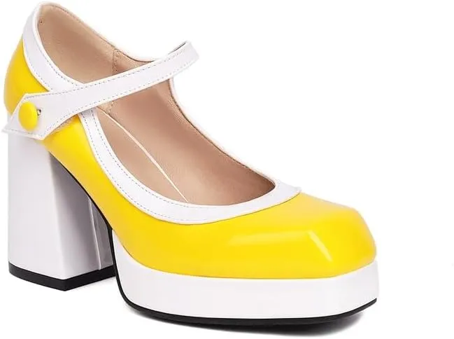 Women Platform Mary Jane Pumps Shoes Square Toe Chunky High Heels Mixed Colors