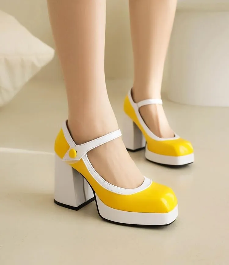 Women Platform Mary Jane Pumps Shoes Square Toe Chunky High Heels Mixed Colors