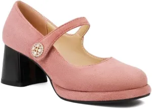 Women Platform Mary Jane Pumps Shoes Square Toe Chunky High Heels with Rhinestones