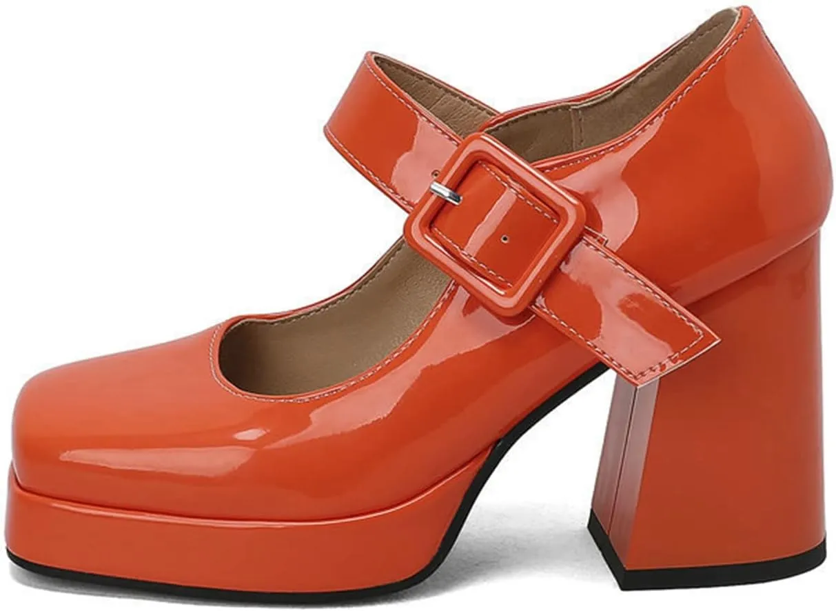 Women Retro Platform Mary Jane Pumps High Block Heel Buckle Strap Square Toe Uniform Dress Shoes