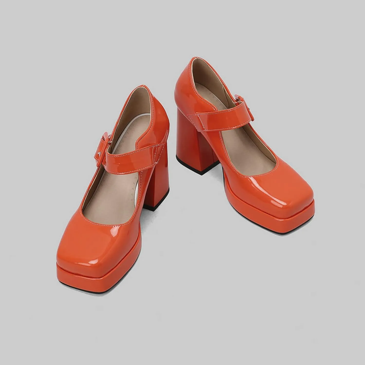 Women Retro Platform Mary Jane Pumps High Block Heel Buckle Strap Square Toe Uniform Dress Shoes
