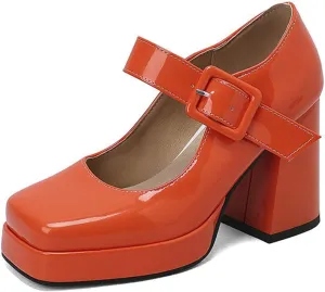 Women Retro Platform Mary Jane Pumps High Block Heel Buckle Strap Square Toe Uniform Dress Shoes